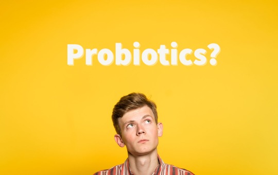 The word "probiotics" above a man with a puzzled look