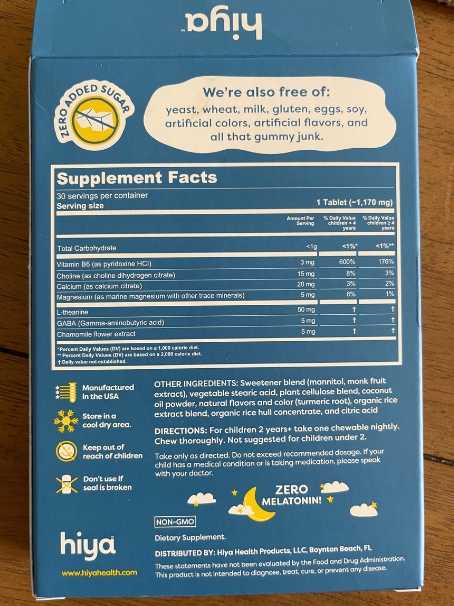 supplement facts for hiya nightly