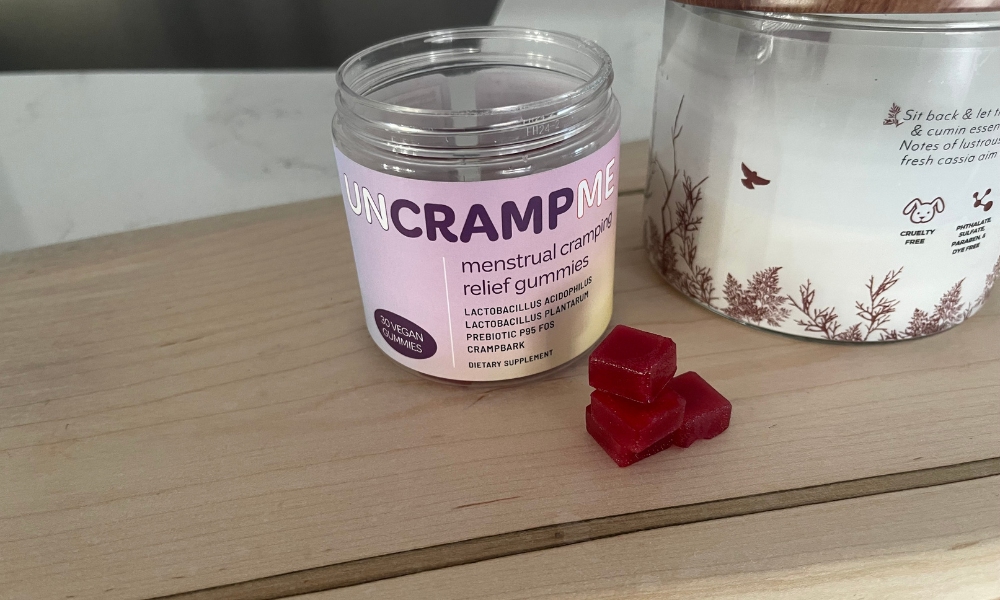 uncrampme and gummies on the table